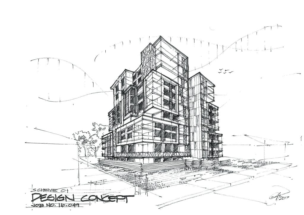 Preliminary study on massing and facades.